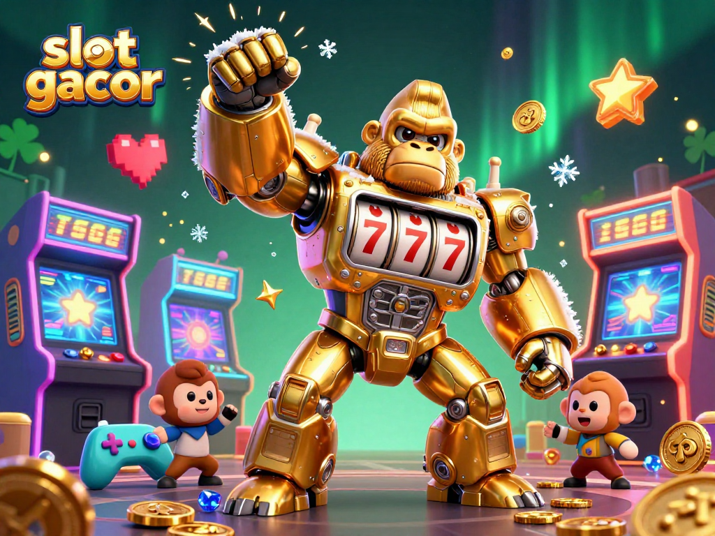 Menangkan jackpot seru pada slot gacor yang menampilkan karakter mekanik gorila emas dalam ilustrasi penuh warna.