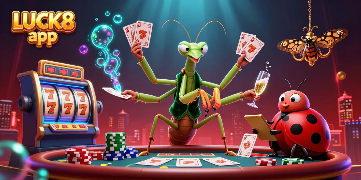 Experience the excitement of the LUCK8 app with a vibrant casino scene featuring a cartoon praying mantis and ladybug pit boss.