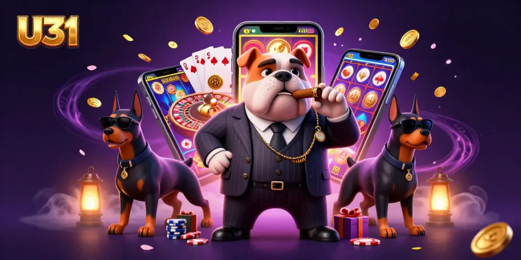 Experience exciting gameplay at U31 with a 3D cartoon mafia boss surrounded by casino elements.