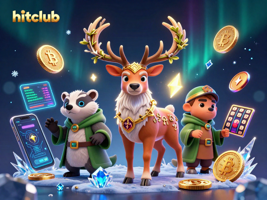 Spin the slots at hitclub with a lively 3D scene featuring mythical characters and crypto symbols.