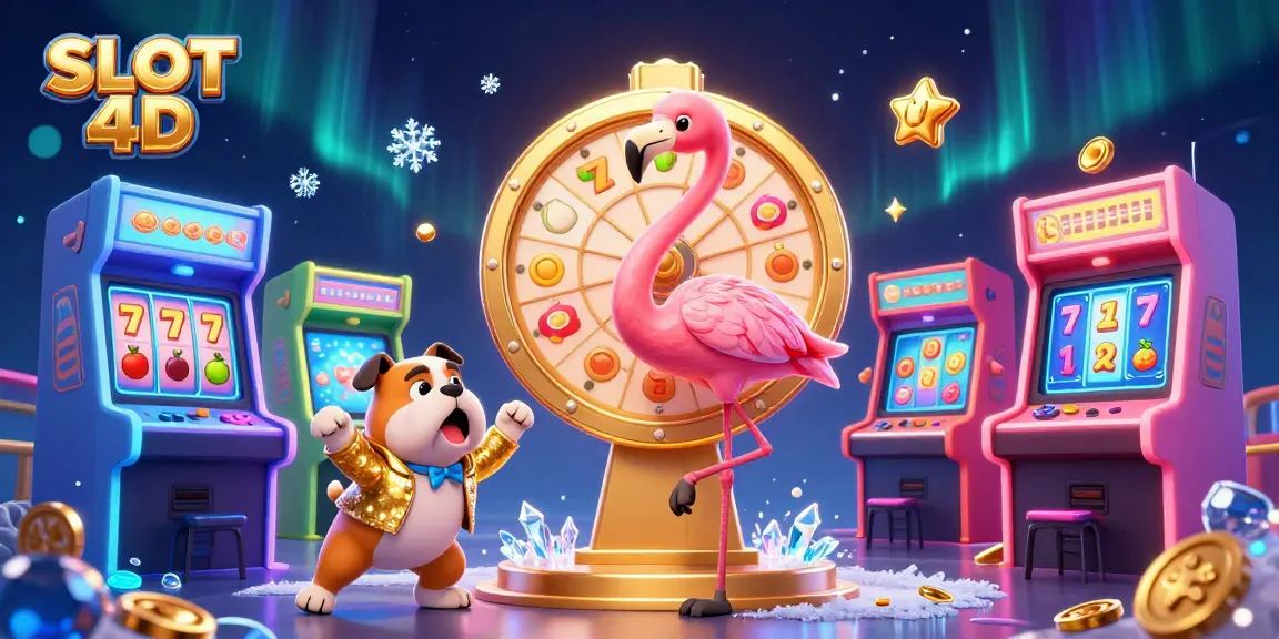 SLOT 4D game show scene with a flamingo in a gold jacket spinning a prize wheel surrounded by vibrant arcade elements.
