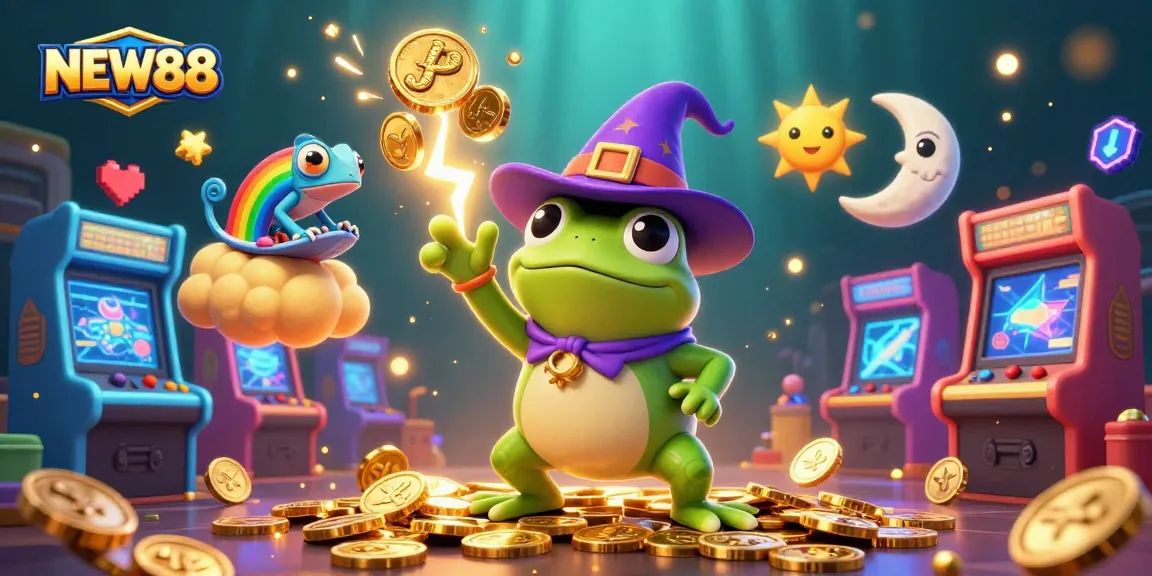 Experience NEW88's thrilling gaming atmosphere with colorful characters and casino elements.