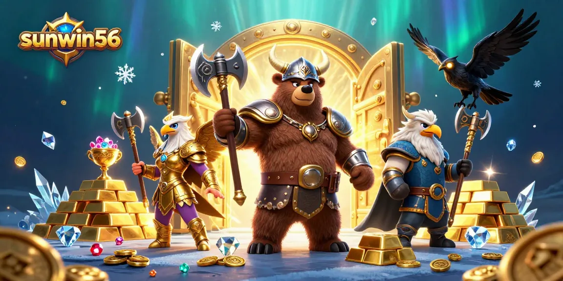 Enhance your play with sunwin56, featuring a Viking bear and Valkyrie eagle by a treasure vault.