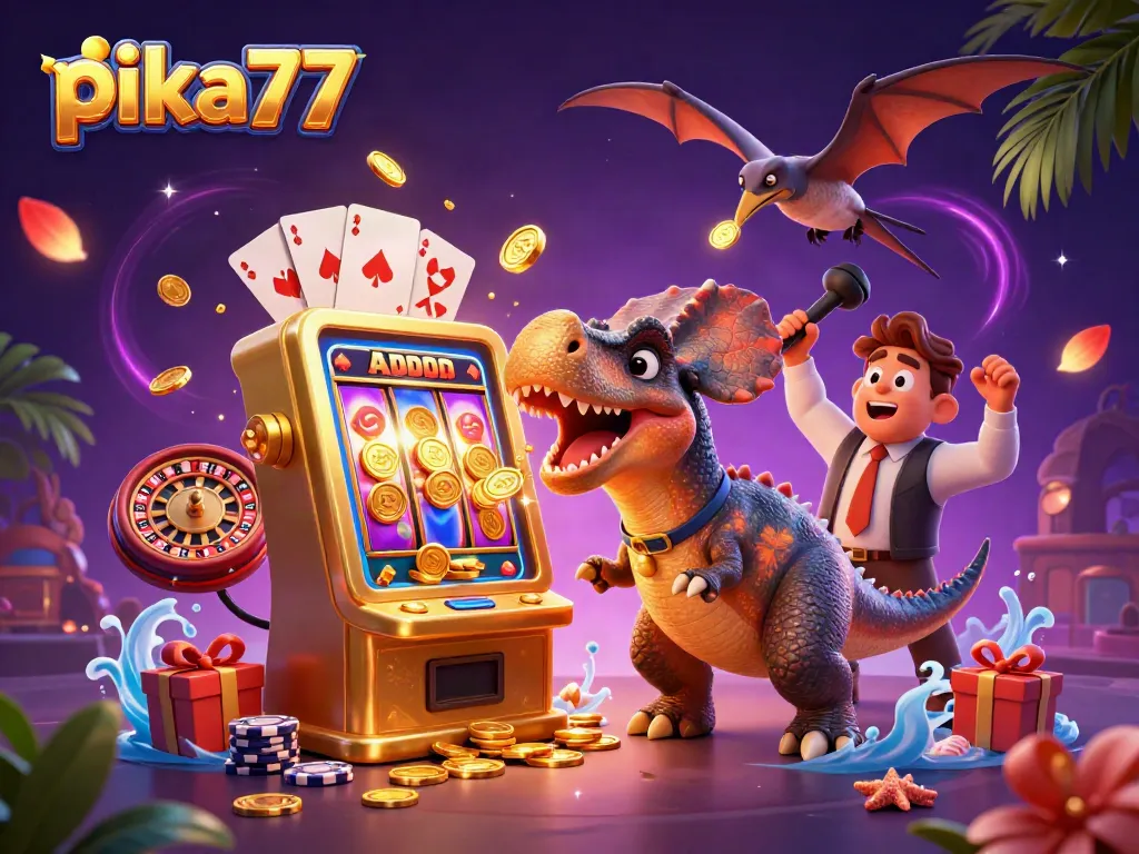 pika77 showcases thrilling jackpot action with a dinosaur and slot machine in a vibrant casino scene.