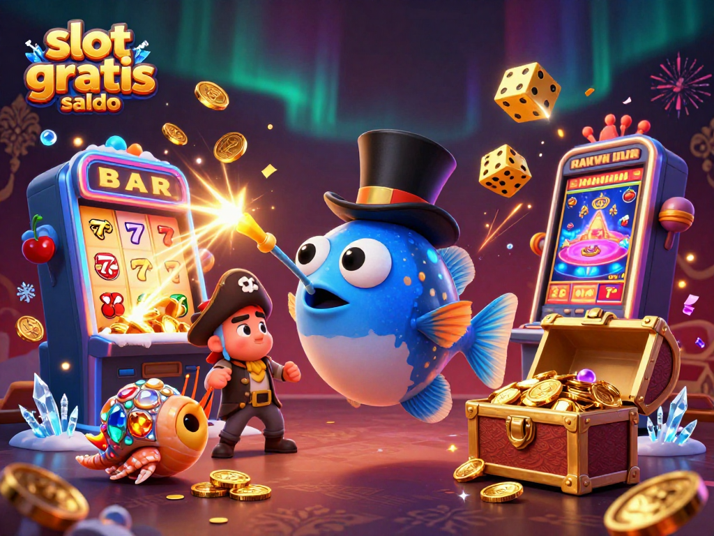 Win big with slot gratis saldo in this vibrant casino scene featuring exciting slot machines and treasures.