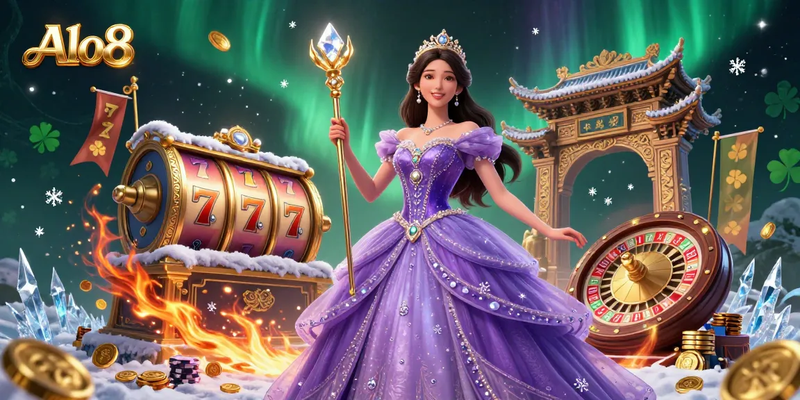 Alo8 offers a vibrant casino scene where a regal princess interacts with dynamic gaming elements like slots and roulette.