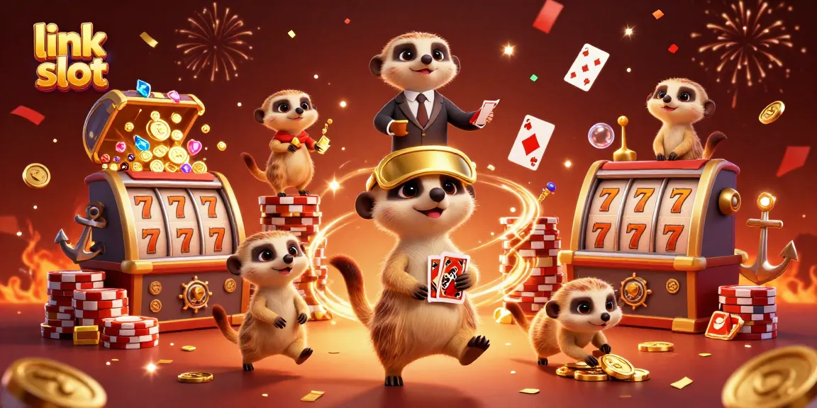 Menggunakan link slot dalam permainan kasino, meerkat mengelola operasi kasino yang meriah dengan koin emas dan slot mesin.