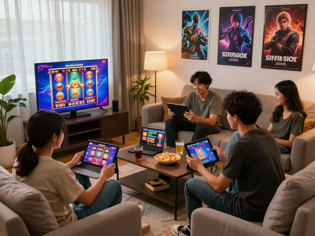 Situs slot gacor gaming scene with friends enjoying vibrant online slot games in a cozy living room.