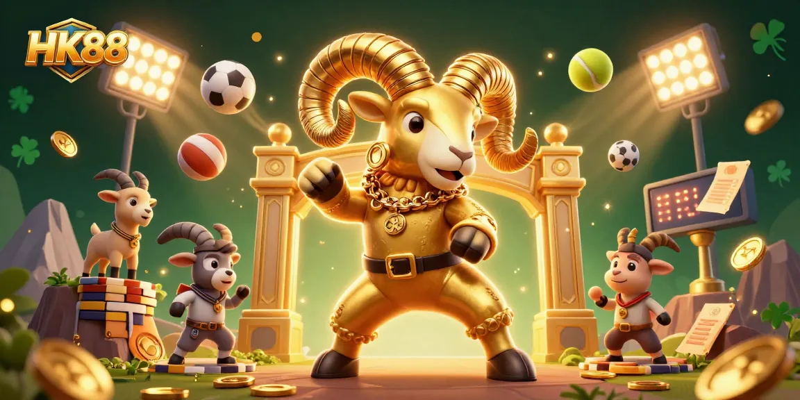 Engage in thrilling HK88 experiences with a dynamic golden ram amidst lively sports elements.