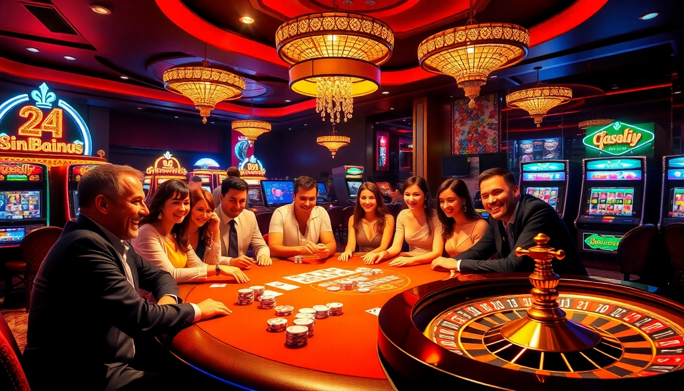 Gamblers enjoying the excitement of bro138 at a luxurious casino table, featuring vibrant poker chips and cards.