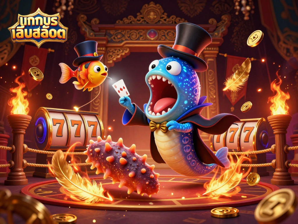 Experience ทดลองเล่นสล็อต adventures with a bioluminescent eel magician and treasures in this vibrant casino scene.