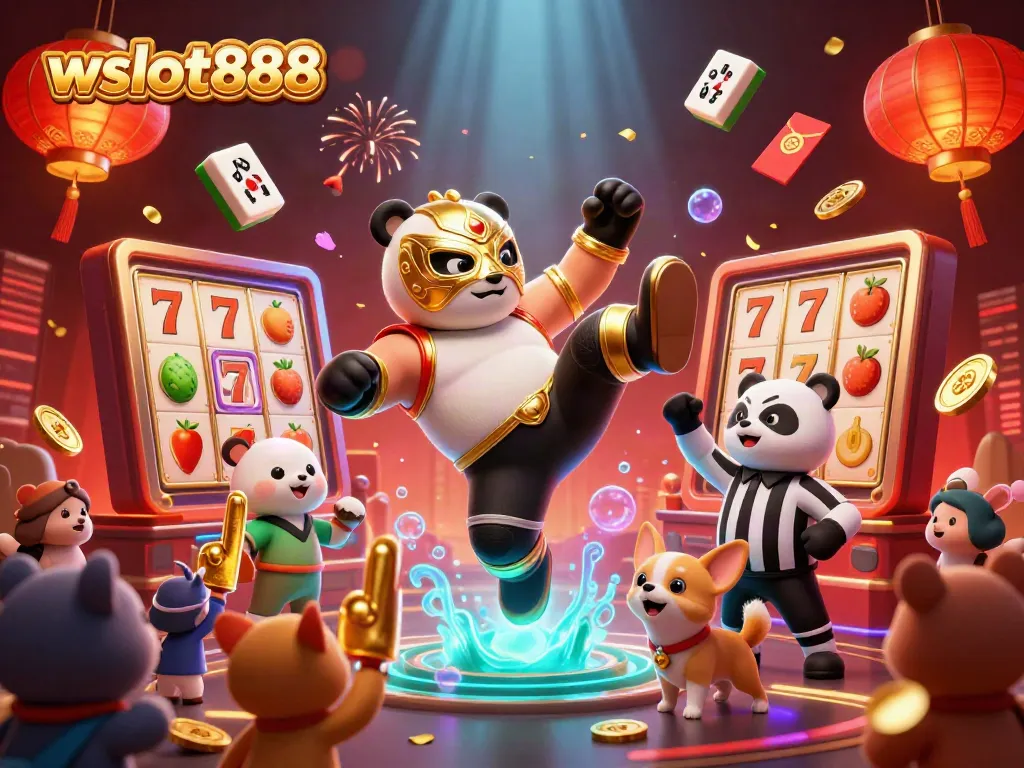 Gamer wslot888 dengan panda pegulat beraksi di kasino digital yang penuh warna