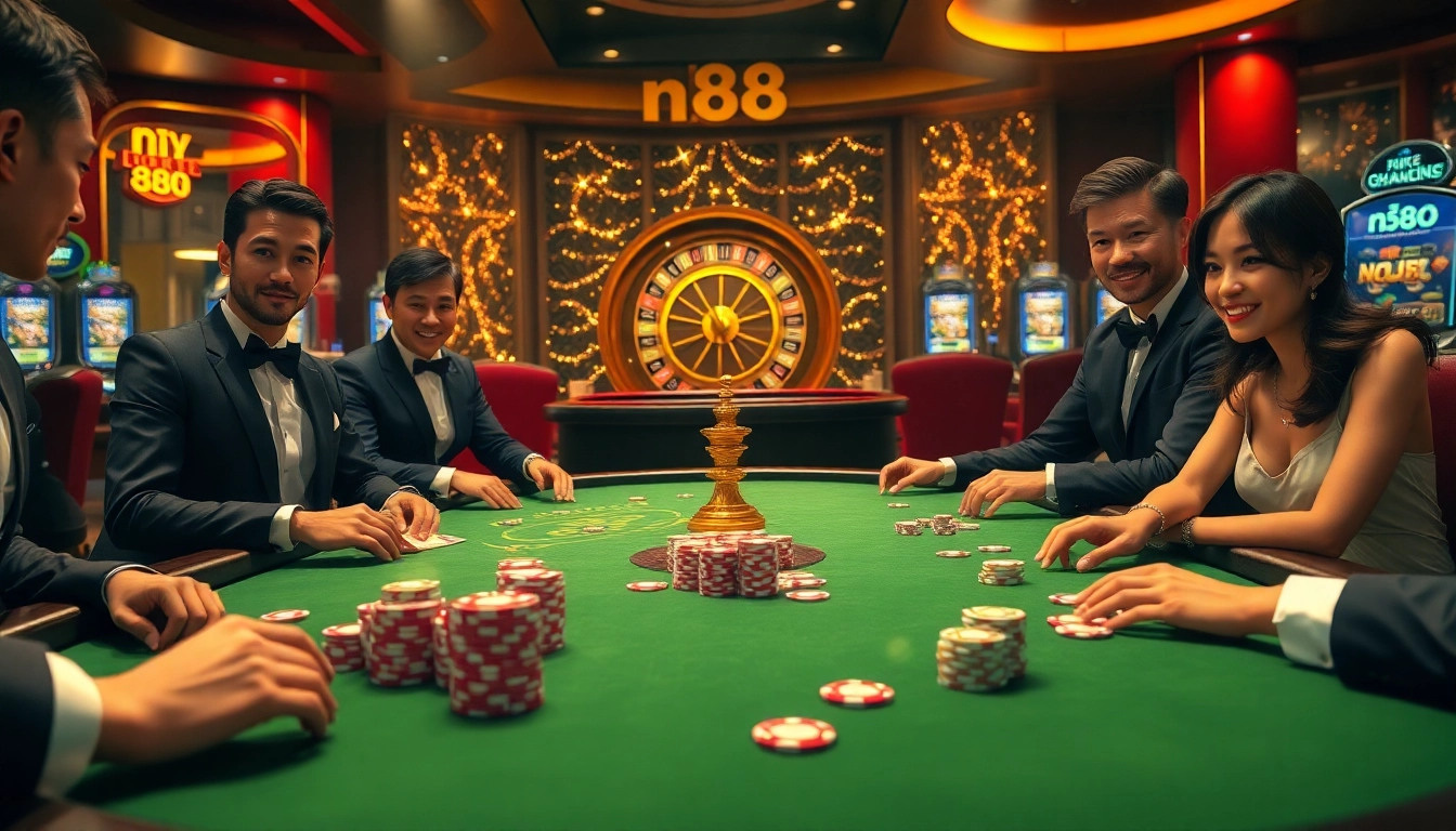 Experience high-stakes poker action with nh88 as players engage in strategic gameplay surrounded by vibrant casino elements.