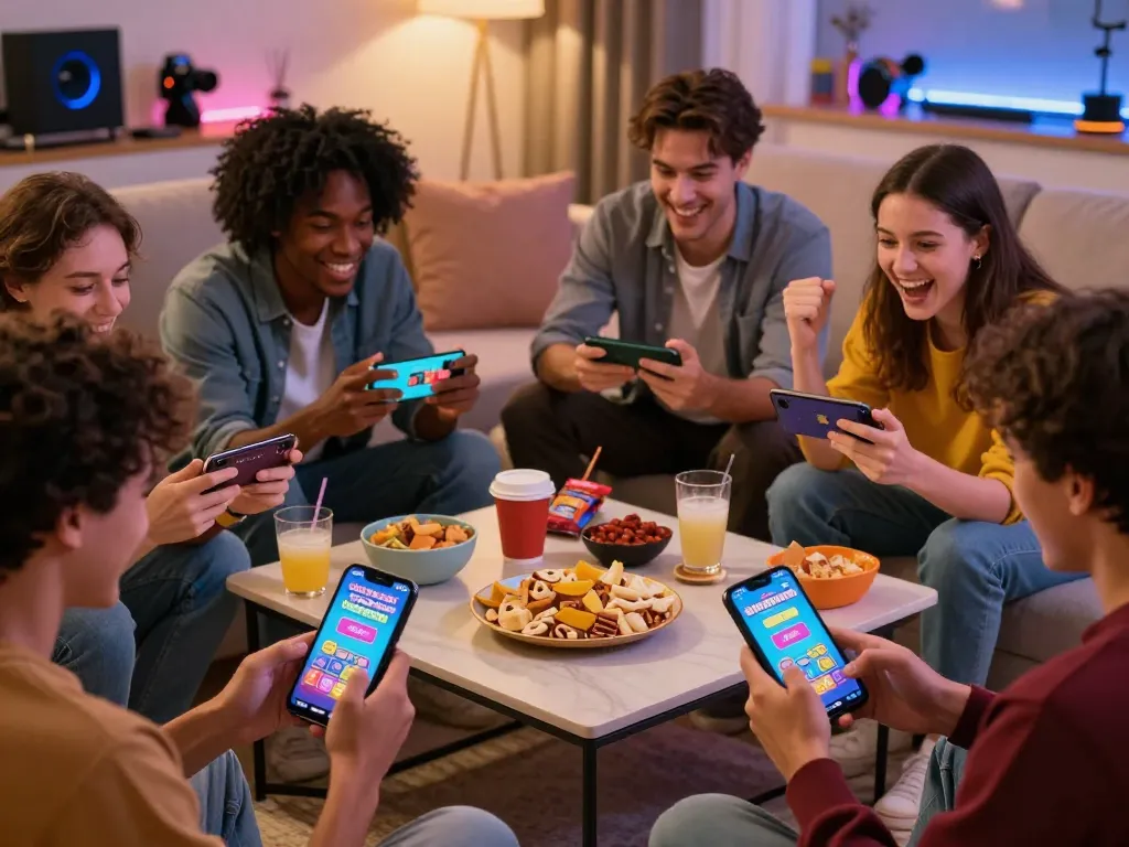 Friends enjoying free credit Mega888 while playing games together in a cozy living room setting.