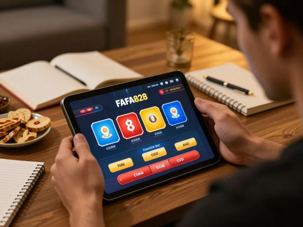 Person strategizing on FAFA828 tablet app, engaged in online gambling from a cozy home