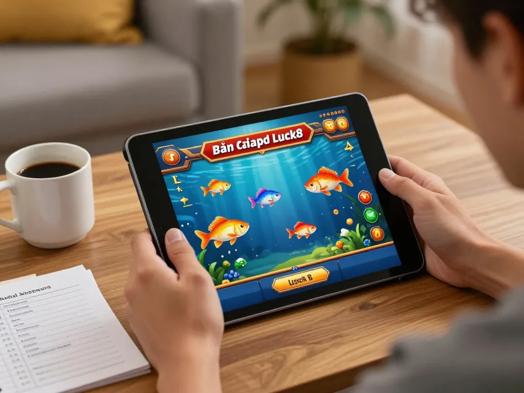 Bắn cá đổi thưởng Luck8 gameplay on tablet, showcasing vibrant animations and strategic choices in a cozy home setting