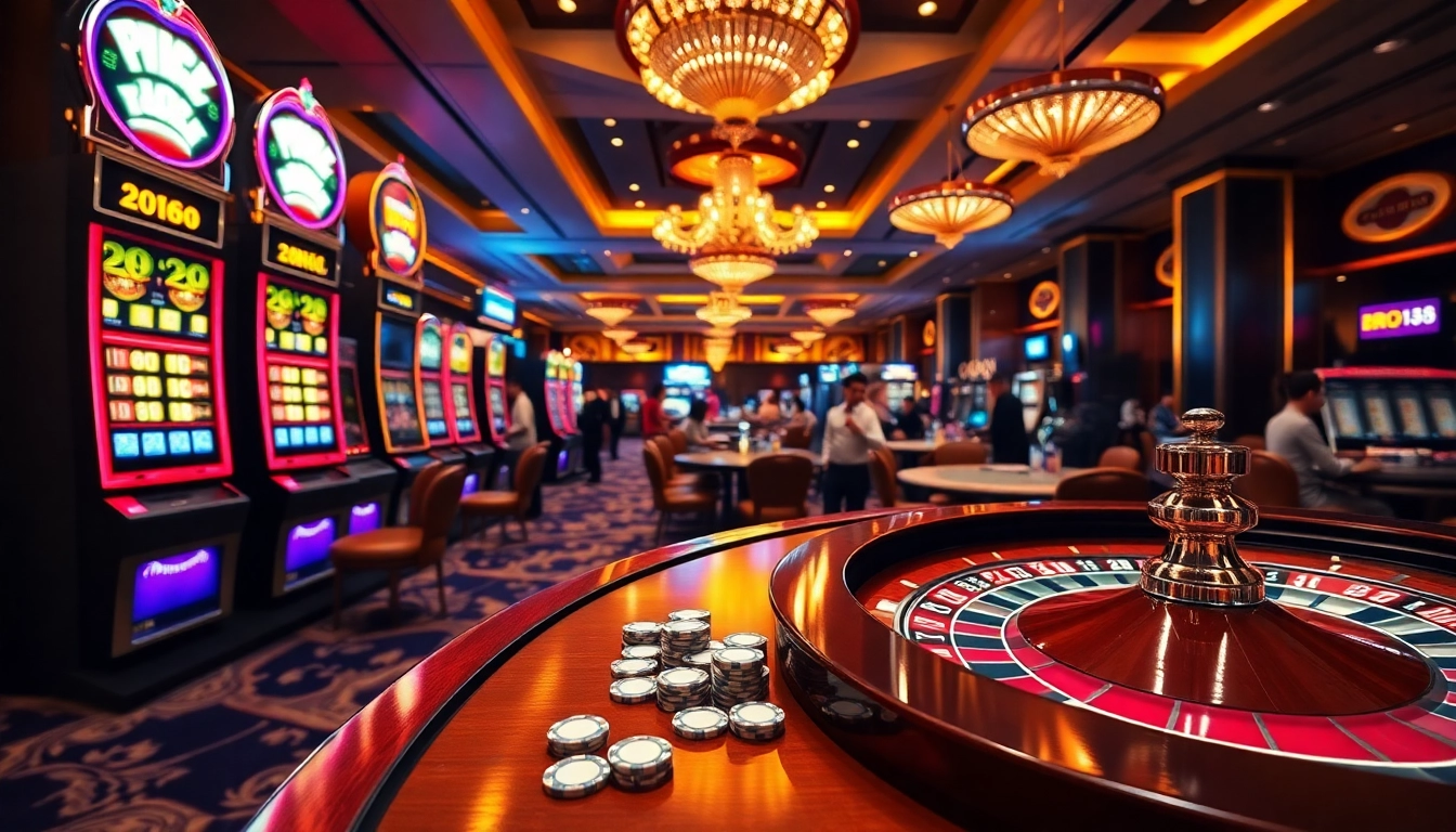 Experience the excitement of bro138 with vibrant slot machines and a spinning roulette wheel in a luxurious casino.