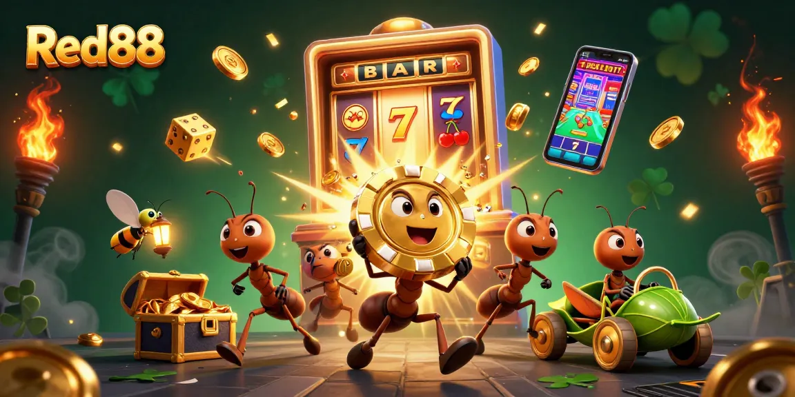 Experience Red88's vibrant casino world with ants on a heist along slot machines bursting with jackpots.