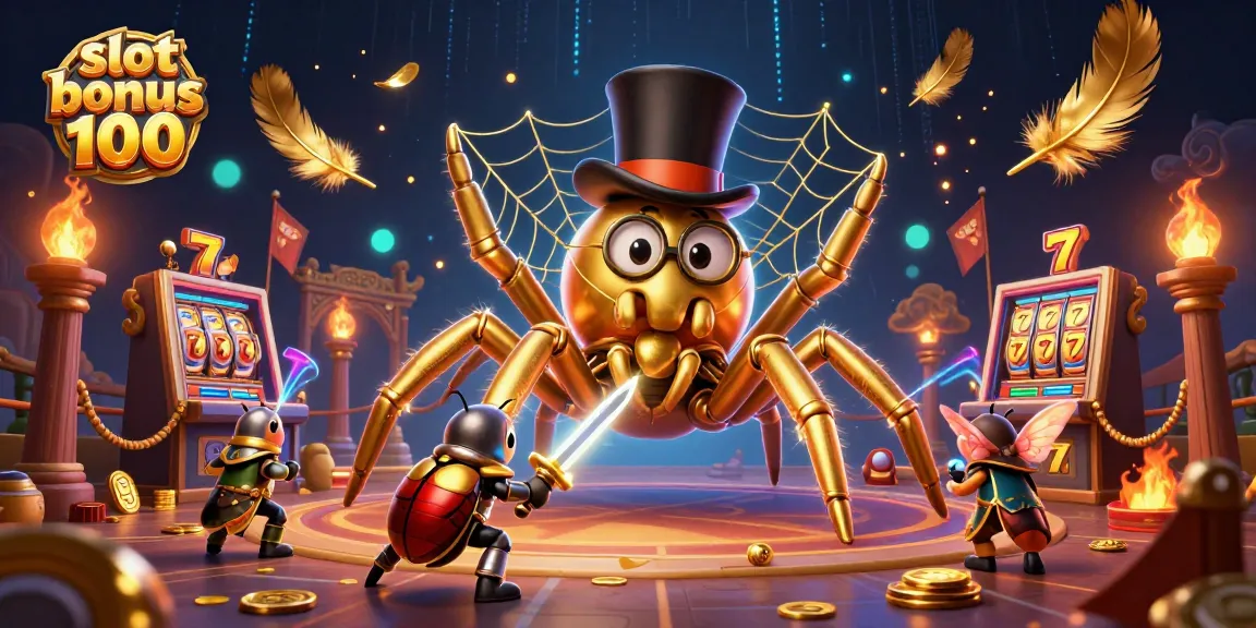 Experience the thrill of slot bonus 100 in this vibrant, dynamic casino illustration featuring a golden tarantula and a beetle knight.