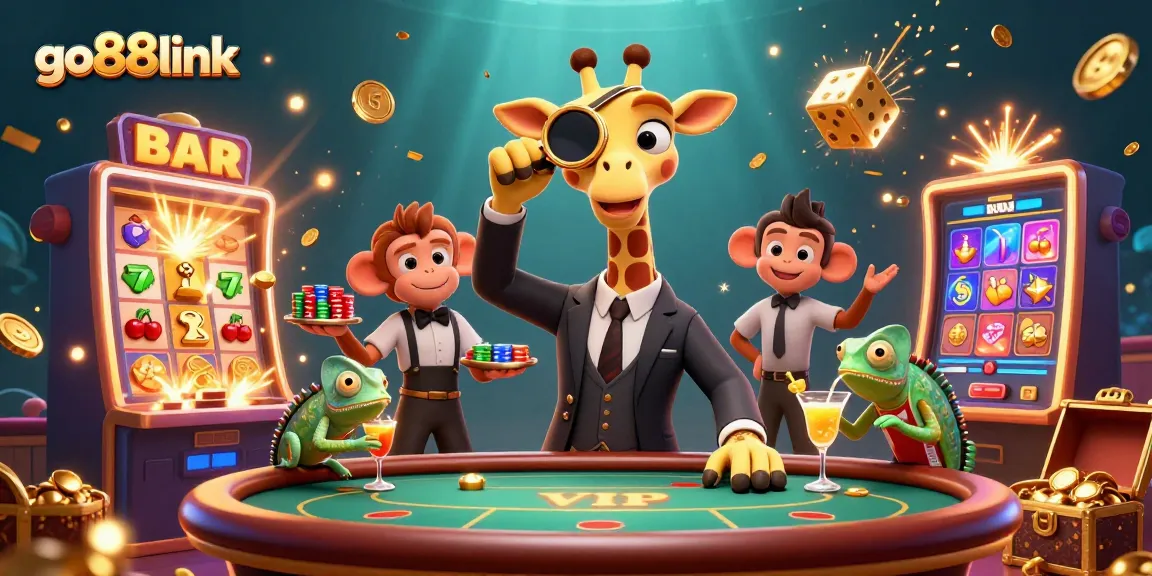 Join the excitement at go88link with a vibrant casino scene featuring a giraffe high-roller and a jackpot explosion.