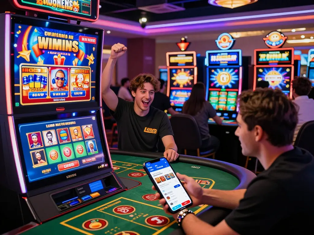 Luck8 online gambling platform with players enjoying diverse games, highlighting exciting promotions and a vibrant casino atmosphere.