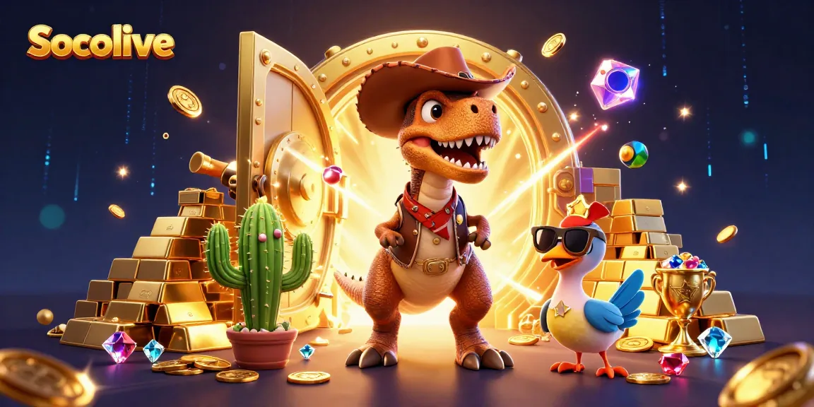 Socolive showcases dynamic gaming action with a whimsical dinosaur, cactus, and roadrunner amidst treasure and casino elements.