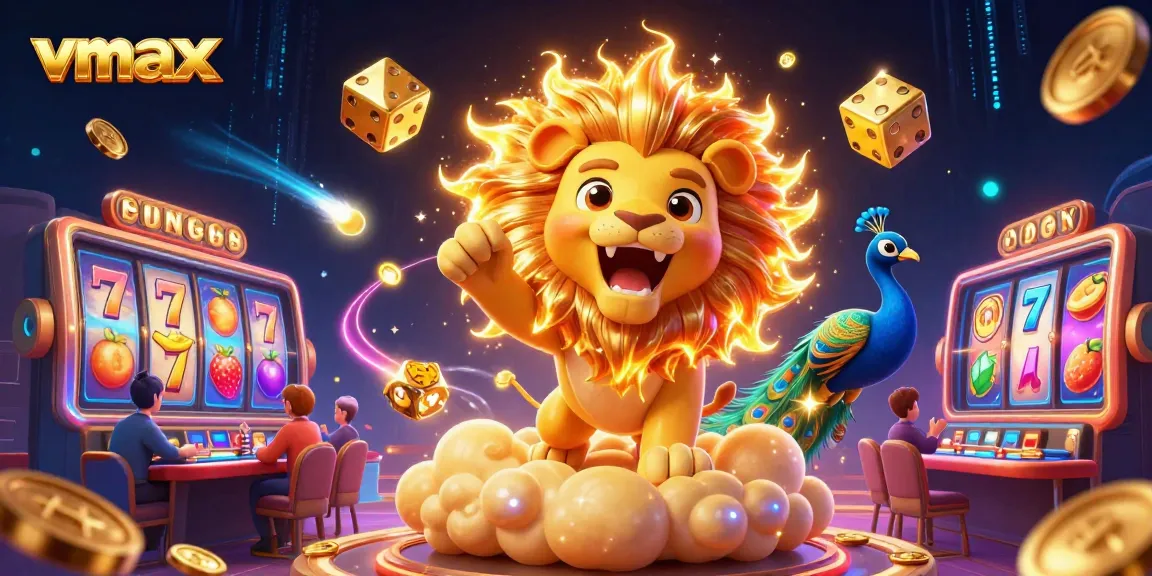 Experience thrilling slots gameplay at vmax with a vivid sun lion amidst dynamic casino elements.