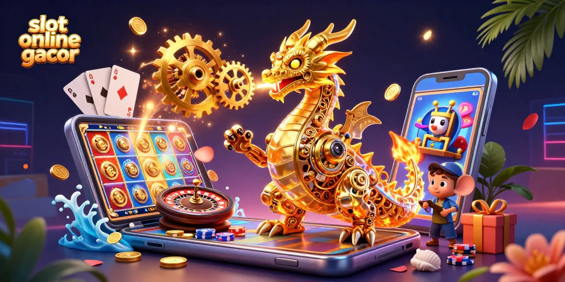 Menangkan slot online gacor dengan karakter naga emas mengeluarkan koin di latar kasino.