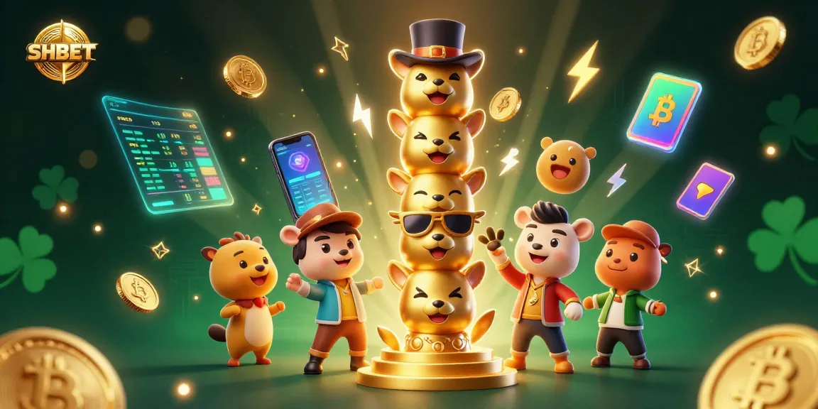 Engage with SHBET's vibrant 3D casino world featuring a golden totem and crypto elements.