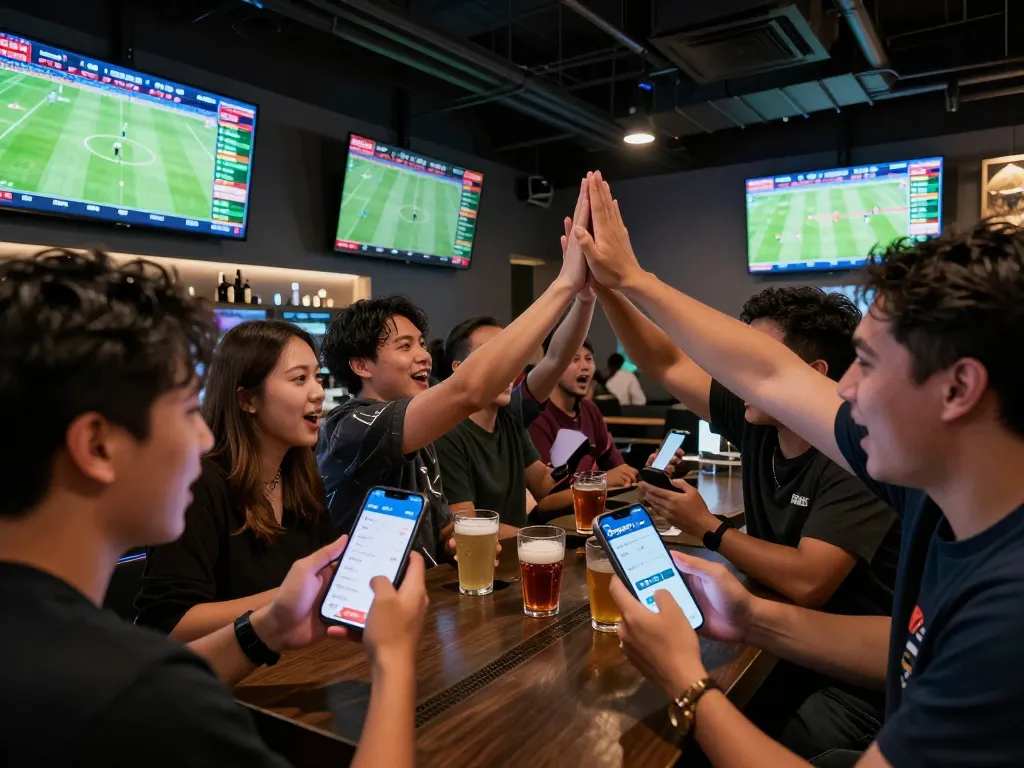 Engaging scene of friends celebrating sports bets with the Bongdalu app displayed, conveying vibrant sports betting excitement.