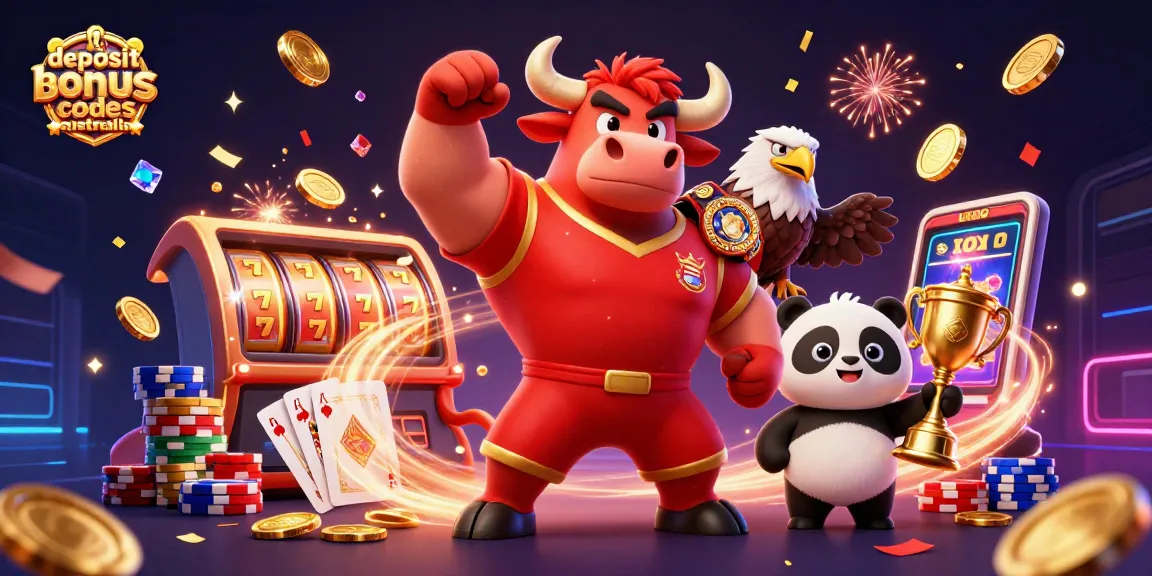 Win big with exciting no deposit bonus codes australia in a vibrant 3D casino scene filled with slot games, trophies, and action.