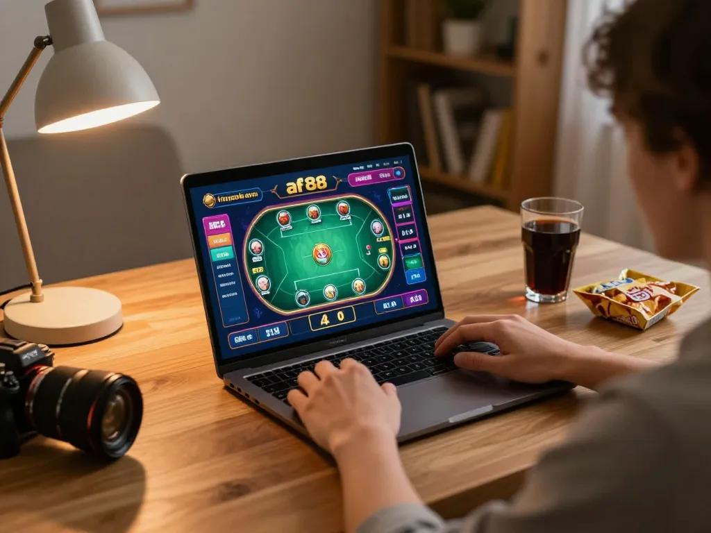 Playing the af88 game on a laptop in a cozy home setup with strategic elements visible.