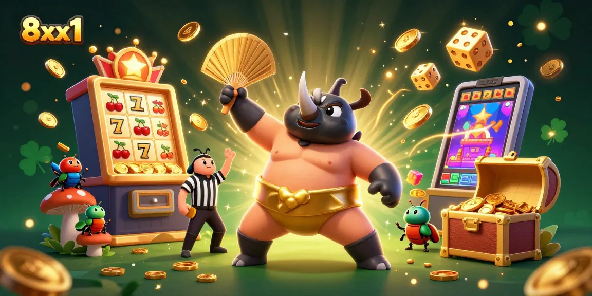Experience the excitement of 8xx1 where a rhinoceros beetle champion surrounded by dynamic casino elements offers thrilling gameplay.