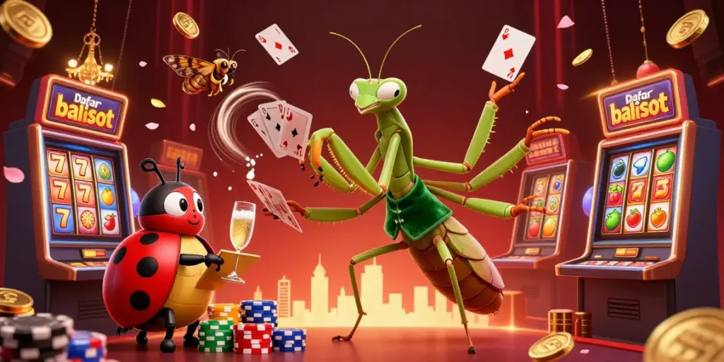 Experience the vibrant gambling scene of Daftar balisot with a giant praying mantis card sharp and ladybug pit boss.