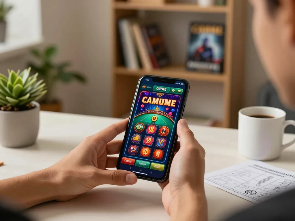 Player enjoying Nk88 casino games on mobile app in a cozy modern setting.