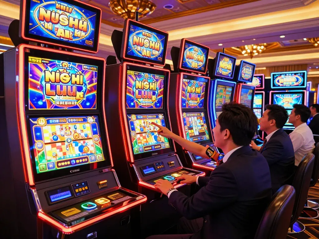 Nổ hũ players celebrating wins at colorful slot machines in a lively casino environment