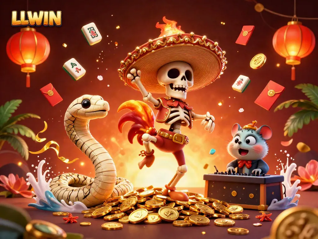 Experience the excitement at LLWIN with a festive cartoony scene of characters celebrating amidst casino-themed imagery.
