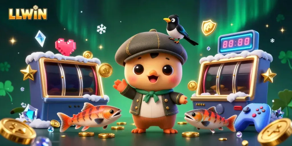 Play and win at LLWIN with 3D cartoon Nessie, surrounded by colorful slots, coins and gaming elements.