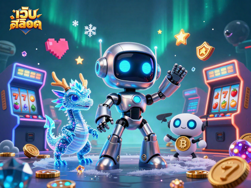 Engage with เว็บสล็อต as a cyberpunk robot mascot and futuristic gaming elements in a vibrant casino scene.