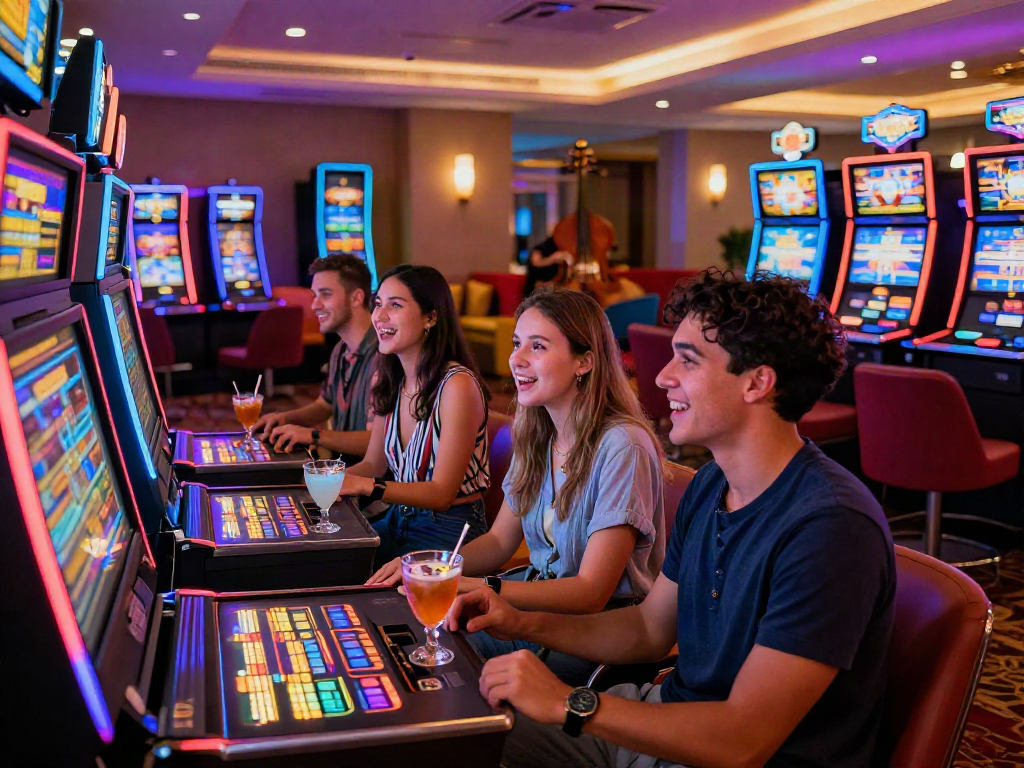 Group enjoying slot machines in vibrant casino lounge atmosphere