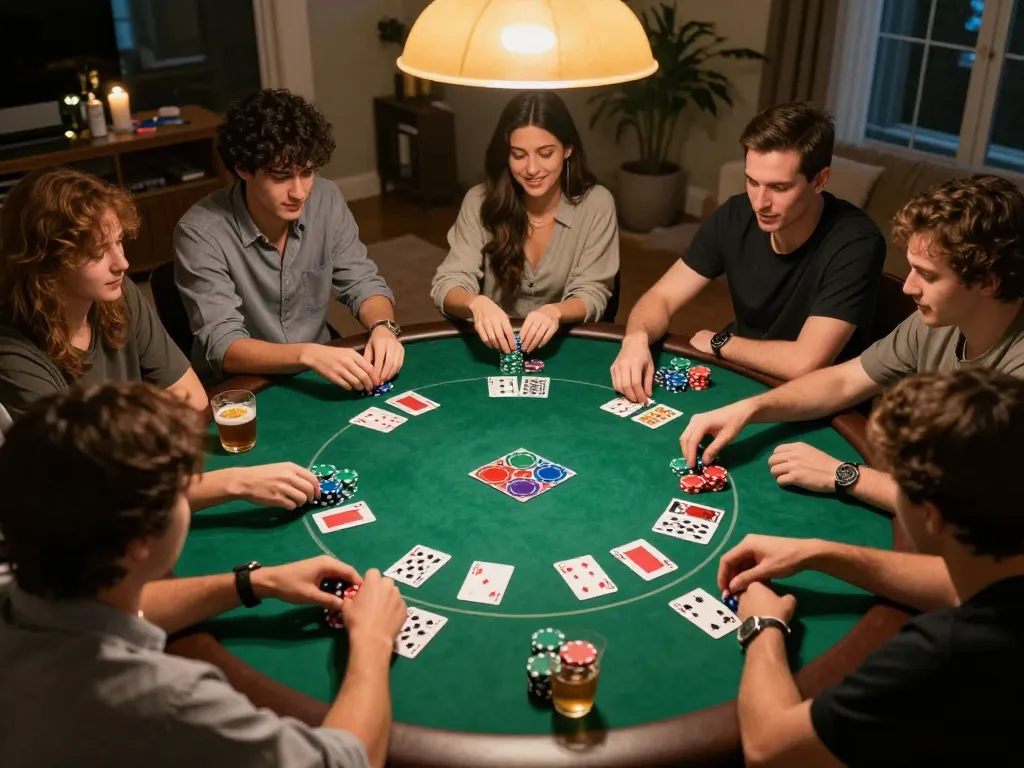 Engaging poker game night scene highlighting vt88 trang chủ with friends and colorful poker chips in focus.