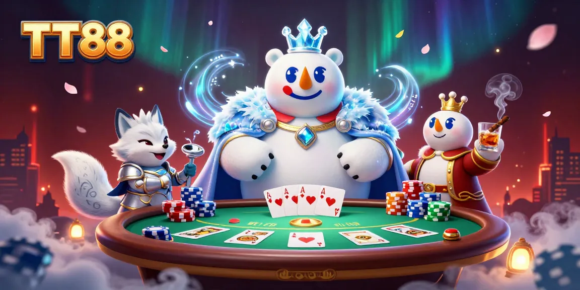 Engage with TT88's dynamic gaming scene featuring a polar bear king, poker elements, and an exciting atmosphere.