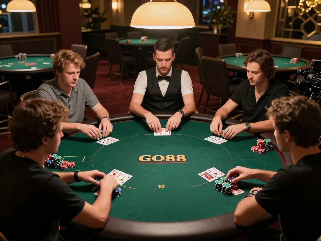 Players immersed in a high-stakes poker game at GO88, showcasing dynamic betting action and interaction.