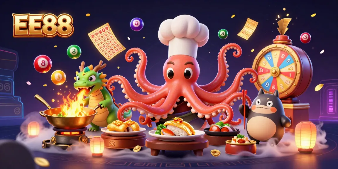 Experience the thrills of EE88 with a vibrant 3D illustration showcasing an octopus chef and dynamic game elements.