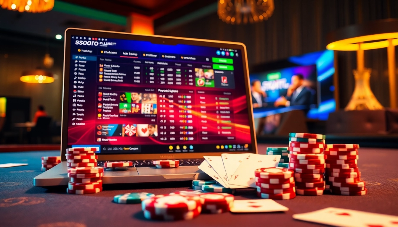 Experience sbobet login indonesia with a vibrant digital betting interface surrounded by colorful poker chips.