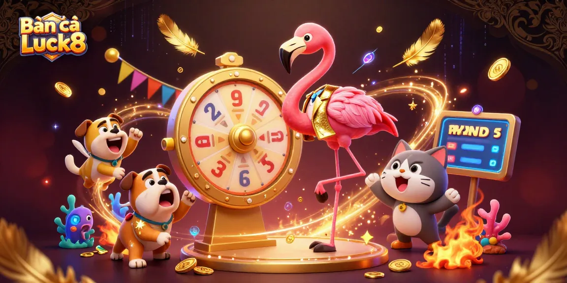 Bắn cá Luck8 3D illustration showcasing a flamingo game show host, excited bulldog contestant, and scoreboard cat in an underwater scene.