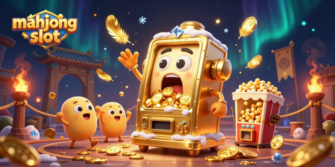 Engage with the mahjong slot action as golden coins pour from a shocked machine, creating excitement.