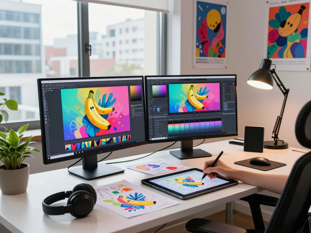 Digital artist editing vibrant images with nano banana 2 in a modern workspace.
