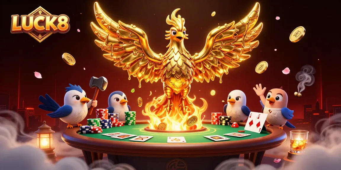 LUCK8 engages players in a vibrant casino scene with a golden phoenix amidst poker elements.