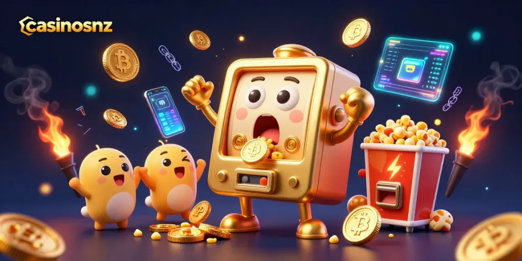 Winning at casinosnz with vivid cartoon slot machines amid glowing coins and playful elements